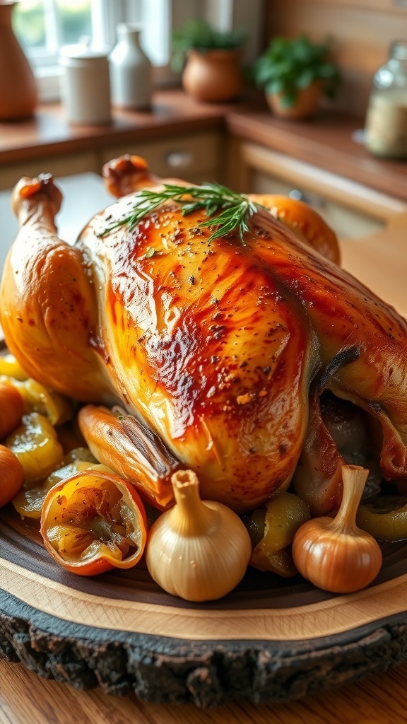 Roasted chicken with caramelized onions and garlic on a wooden platter.